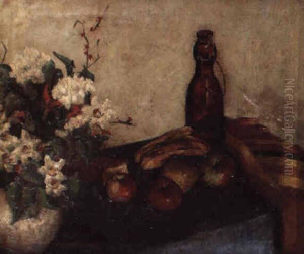 Still Life Of Flowers In A Bowl, Fruit And A Glass Bottle Oil Painting by Alfred Henry Maurer