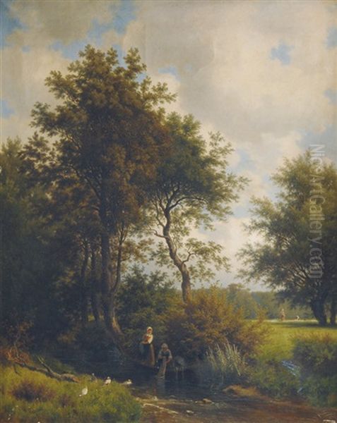 Idyllic Landscape With Washerwomen Oil Painting by Jacob Maurer