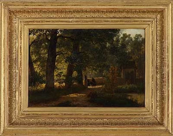 Reisende Vor Einem Tor Auf Sonnenbeschienenem Waldweg Oil Painting by Jacob Maurer