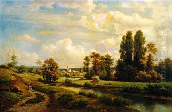 Weite Sommerliche Bachlandschaft Mit Blick Auf Ein Kirchdorf Oil Painting by Jacob Maurer