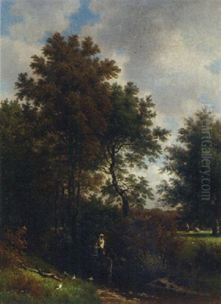 Washer Women In A Wooded River Landscape Oil Painting by Jacob Maurer