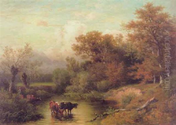 Herbstliche Landschaft Mit Kuhen In Der Furt Oil Painting by Jacob Maurer