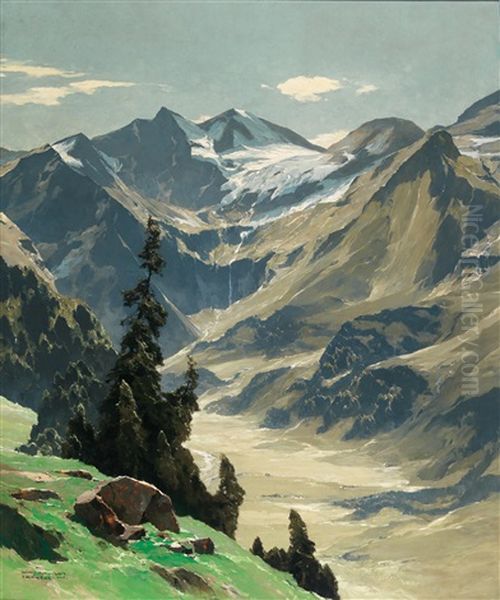 View Of The Fuscherkarkopf With Breitkopf And Sonnenwelleck In The Hohe Tauern Oil Painting by Hans Maurus