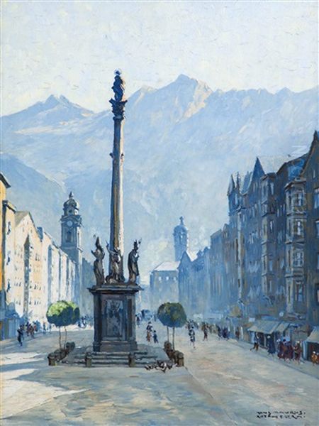 Innsbruck Im Winter, Mit Maria-theresienstrase Und Annasaule Oil Painting by Hans Maurus