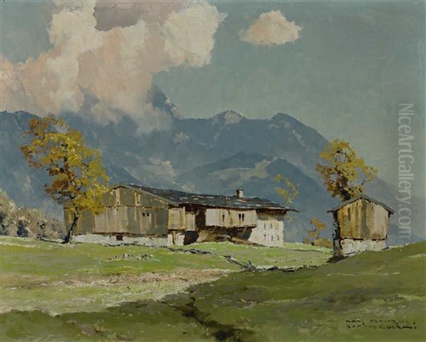 Am Wendelstein. Bergbauernhof Im Sonnigen Licht Vor Gebirgsmassiv Oil Painting by Hans Maurus