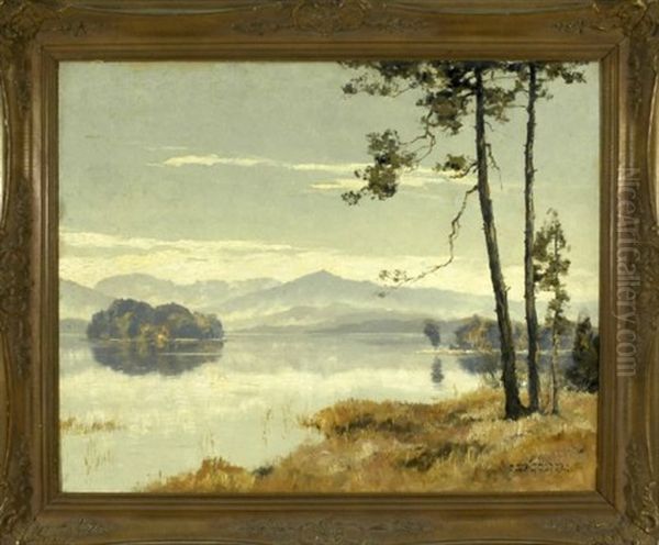 Partie Am Grosen Ostersee Mit Zwei Kleinen Inseln Und Den Alpen Im Hintergrund Oil Painting by Hans Maurus