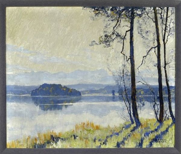 Blick Von Einem Baumbestandenen Ufer Auf Den Ostersee Mit Inseln Und Den Alpen Im Hintergrund Oil Painting by Hans Maurus