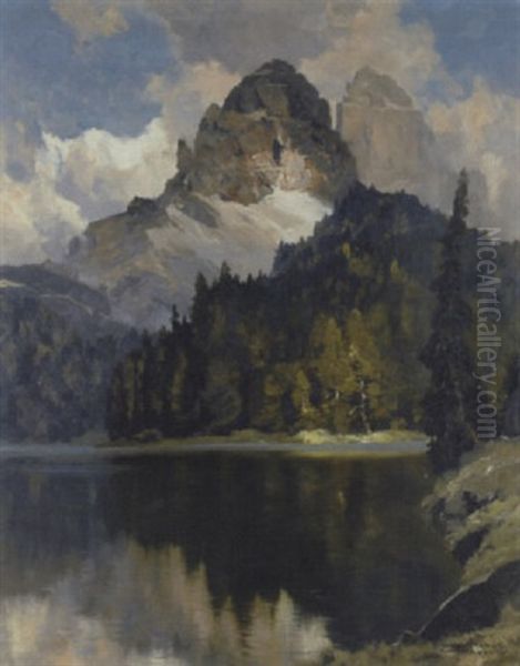 Wisurina-see Mit Blick Auf Die Drei Zinnen Oil Painting by Hans Maurus