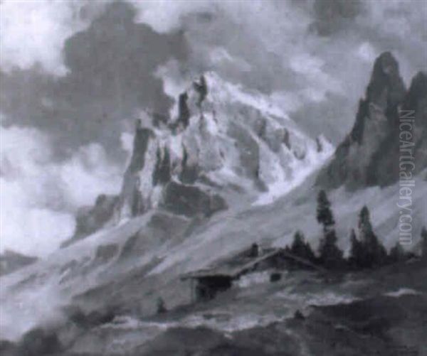 Geisslerspitzen, Vorn Eine Almhutte Oil Painting by Hans Maurus