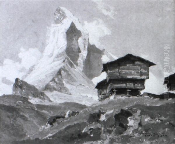 Einsam Gelegene Almhutten Vor Dem Matterhorn Oil Painting by Hans Maurus