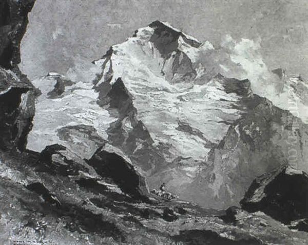 Gebirgslandschaft Mit Almwiesen, Auf Denen Ein Hirte Seine  Schafherde Hutet Oil Painting by Hans Maurus