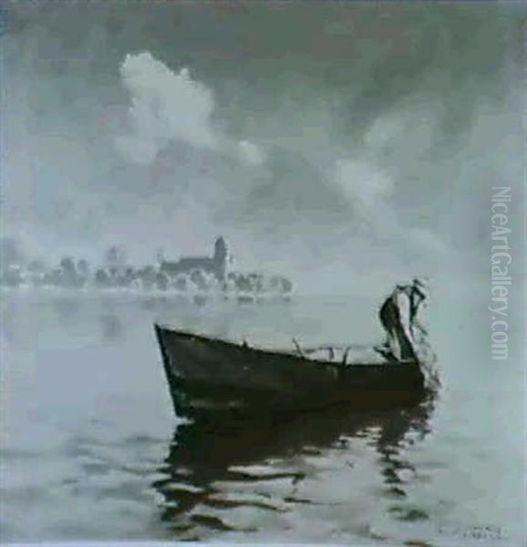 Chiemsee.in Einem Boot Fischerbein Einholen Der Netze Oil Painting by Hans Maurus