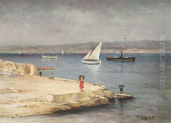 Pecheur Et Petite Fille Sur La Digue Oil Painting by Francois Maury