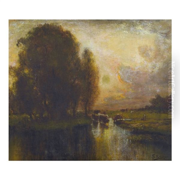 Auenlandschaft Im Abendrot Mit Kuhherde Oil Painting by Francois Maury