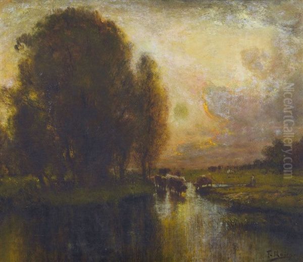 Auenlandschaft Im Abendrot Mit Kuhherde Oil Painting by Francois Maury