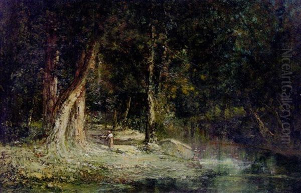 Ramasseuse De Fagots Dans Un Sous-bois Au Bord De L'eau Oil Painting by Francois Maury