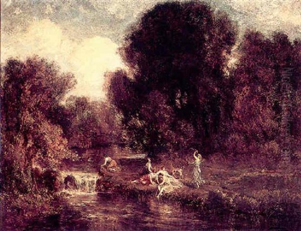 Figures Frolicking By A River Oil Painting by Francois Maury