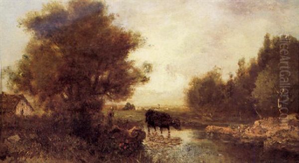 Troupeau Au Bord De La Riviere Oil Painting by Francois Maury