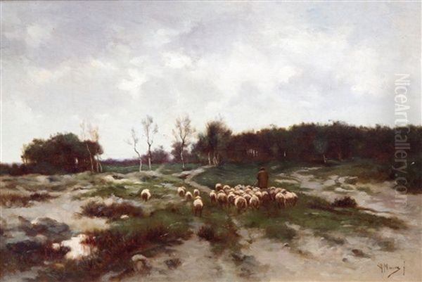 A Shepherd With Sheep On The Moorlands In Laren Oil Painting by Anton Mauve