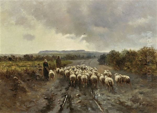 Two Shepards Guiding Their Sheep Oil Painting by Anton Mauve