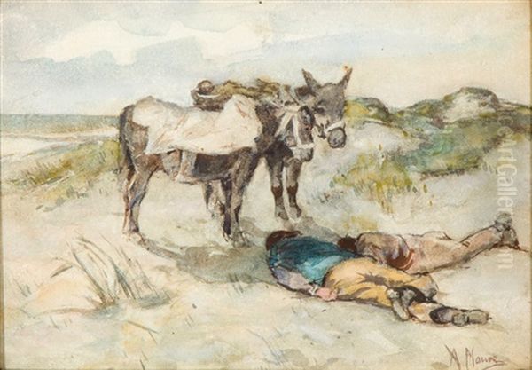 Welcome Shade, Donkeys And Their Keepers In The Dunes Oil Painting by Anton Mauve