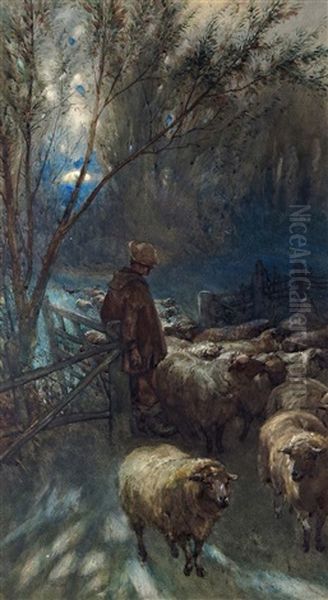 Bringing The Sheep Into The Fold At Dusk Oil Painting by Anton Mauve