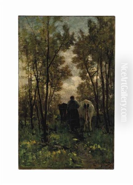 Farmer And Cows Traveling A Tree Lined Path Oil Painting by Anton Mauve