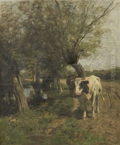 A Shady Bank Oil Painting by Anton Mauve