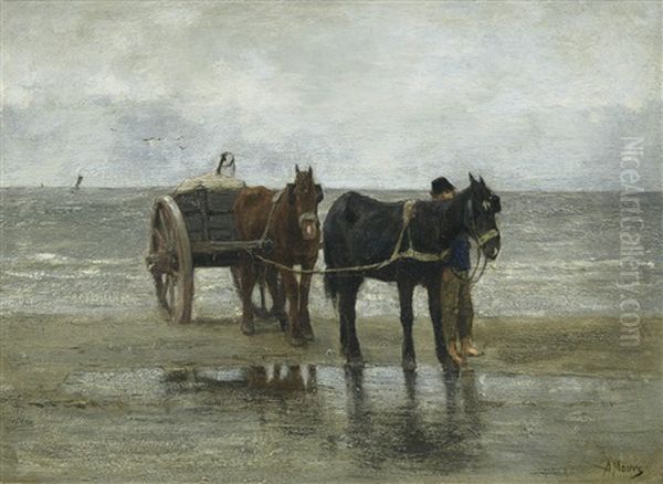 Horses And Cart On A Beach Oil Painting by Anton Mauve