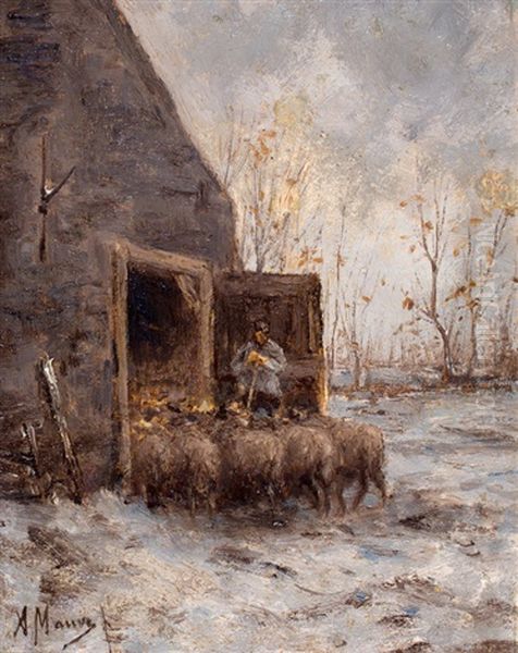 Een Winterse Schaapskooi Oil Painting by Anton Mauve