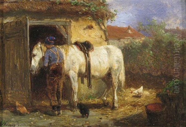 A Farmer With His Horse By A Stable Oil Painting by Anton Mauve