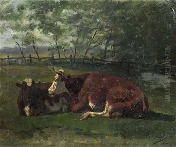 Zwei Ruhende Kuhe Auf Einer Weide Oil Painting by Anton Mauve