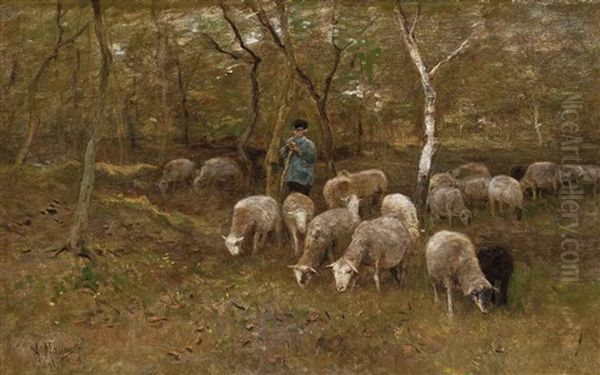 A Shepherd With His Flock In The Woods Oil Painting by Anton Mauve