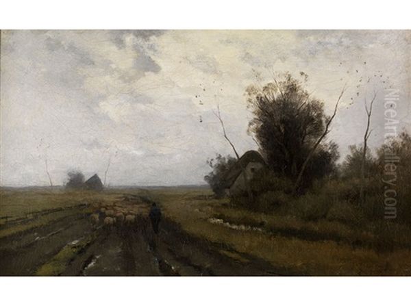 Weite Wiesenlandschaft In Abendstimmung Mit Heimziehender Schafherde Oil Painting by Anton Mauve