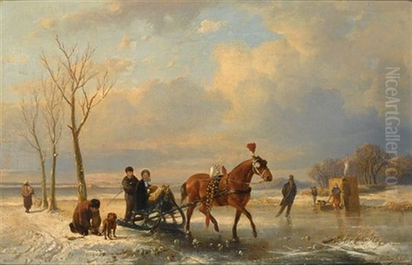 A Winter Landscape With Figures On A Sleigh, A Koek En Zopie In The Background Oil Painting by Anton Mauve