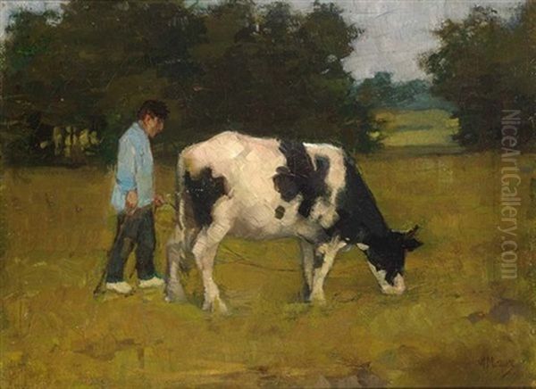 A Farmer With His Cow In The Meadow by Anton Mauve