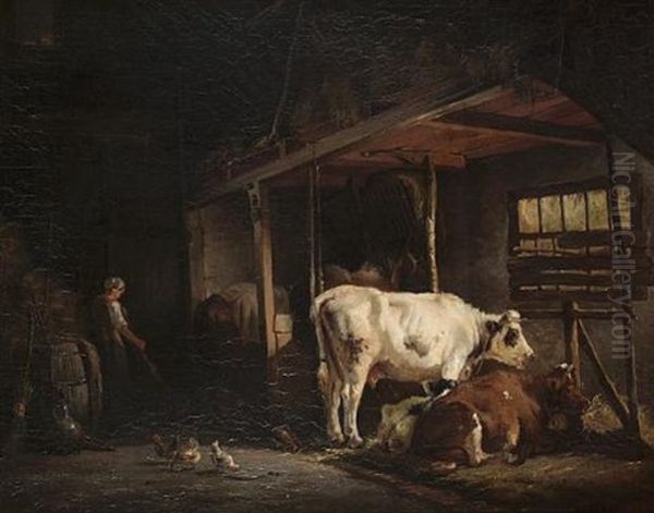 Horses, Cattle And A Farm Hand In A Stable Interior Oil Painting by Anton Mauve