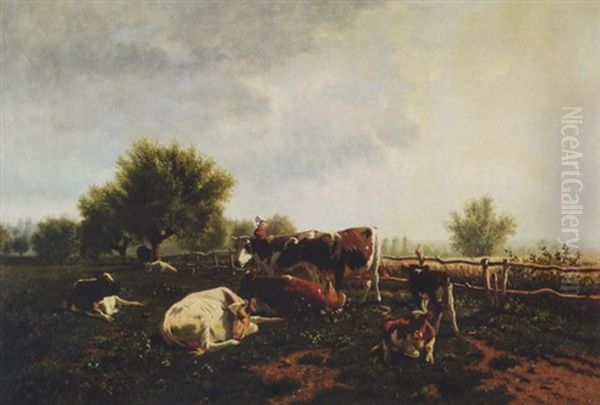 Maid Tending Cattle Oil Painting by Anton Mauve