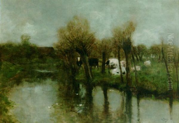 Cows Grazing By A River Oil Painting by Anton Mauve