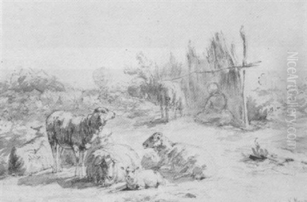 A Shepherdess And Her Sheep By A Shelter Oil Painting by Anton Mauve