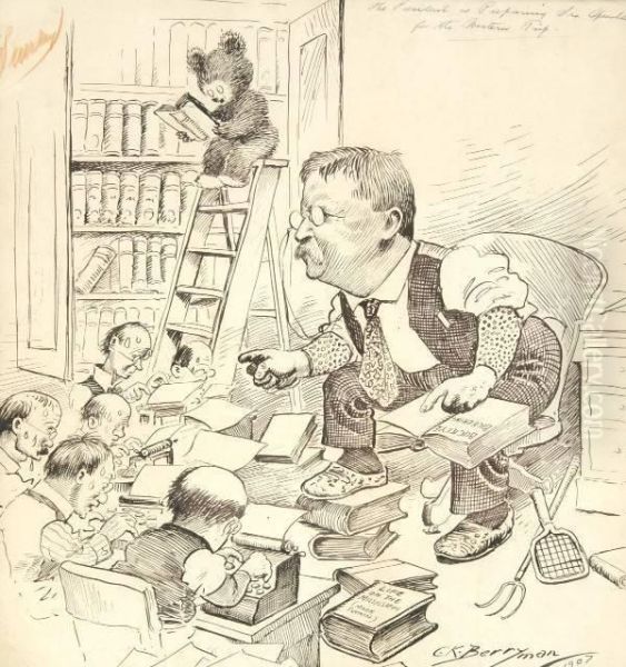 Theodore Roosevelt Preparing Speeches With Reporters Oil Painting by Clifford Kennedy Berryman