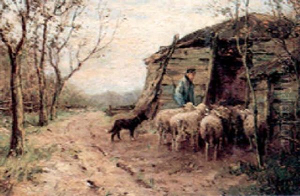 Pastoral Scene With Shepherd, Sheep And Border Collie Oil Painting by Anton Mauve