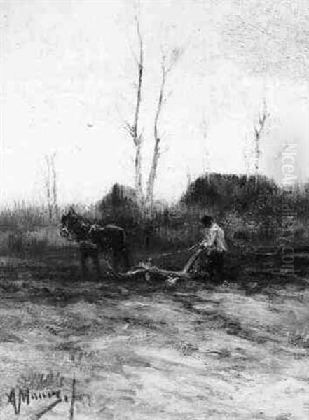 A Peasant Ploughing The Fields Oil Painting by Anton Mauve