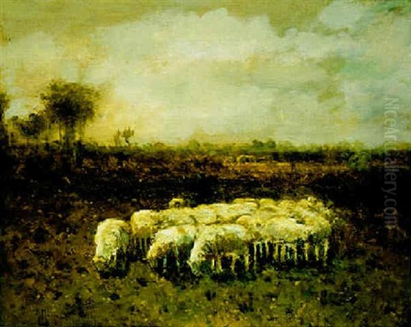 Sheep With Shepherd Oil Painting by Anton Mauve