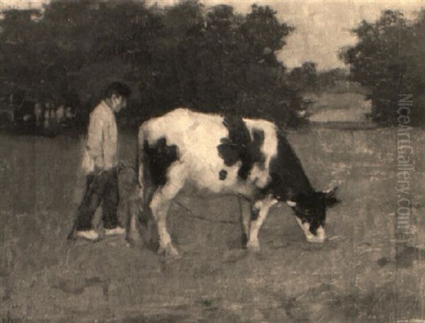 Bauer Mit Schwarzbunter Kuh Auf Einer Wiese Am Waldrand Oil Painting by Anton Mauve