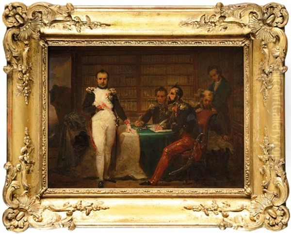 Napoleon Ier Dictant Ses Memoires Aux Generaux Montholon Et Gourgaud En Presence Du Grand-marechal Bertrand Et Du Comte De Las Cases Oil Painting by Jean Baptiste Mauzaisse