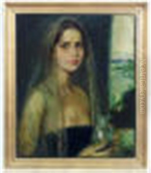 Portrait Of An Attractive Young Lady Holding A Glass Vase In Diaphanous Headgear Oil Painting by Corneille Max