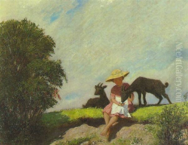 Kleines Madchen Mit Zwei Ziegen Am Sonnigen Wiesenhang Oil Painting by Corneille Max