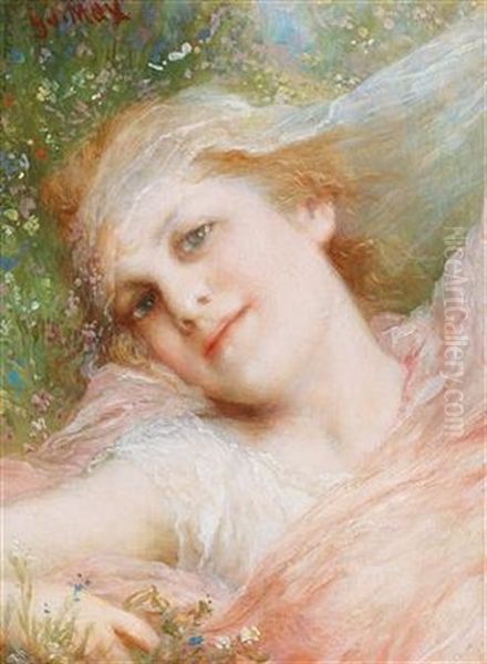 A Girl In The Meadow Oil Painting by Gabriel von Max