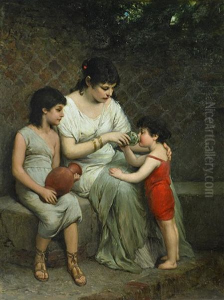 Mutter Im Antikten Gewand Mit Ihren Beiden Kindern Oil Painting by Gabriel von Max